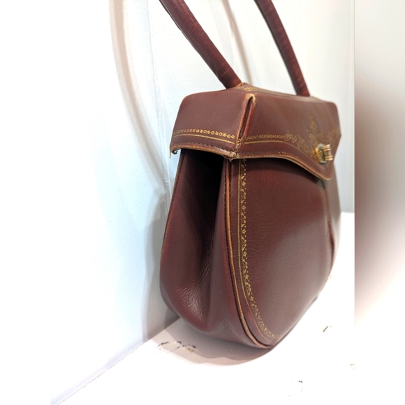 Italian Leather Handbag In Brown Gold Leaf Detail 60s Style Vintage Turnlock - Picture 2 of 10